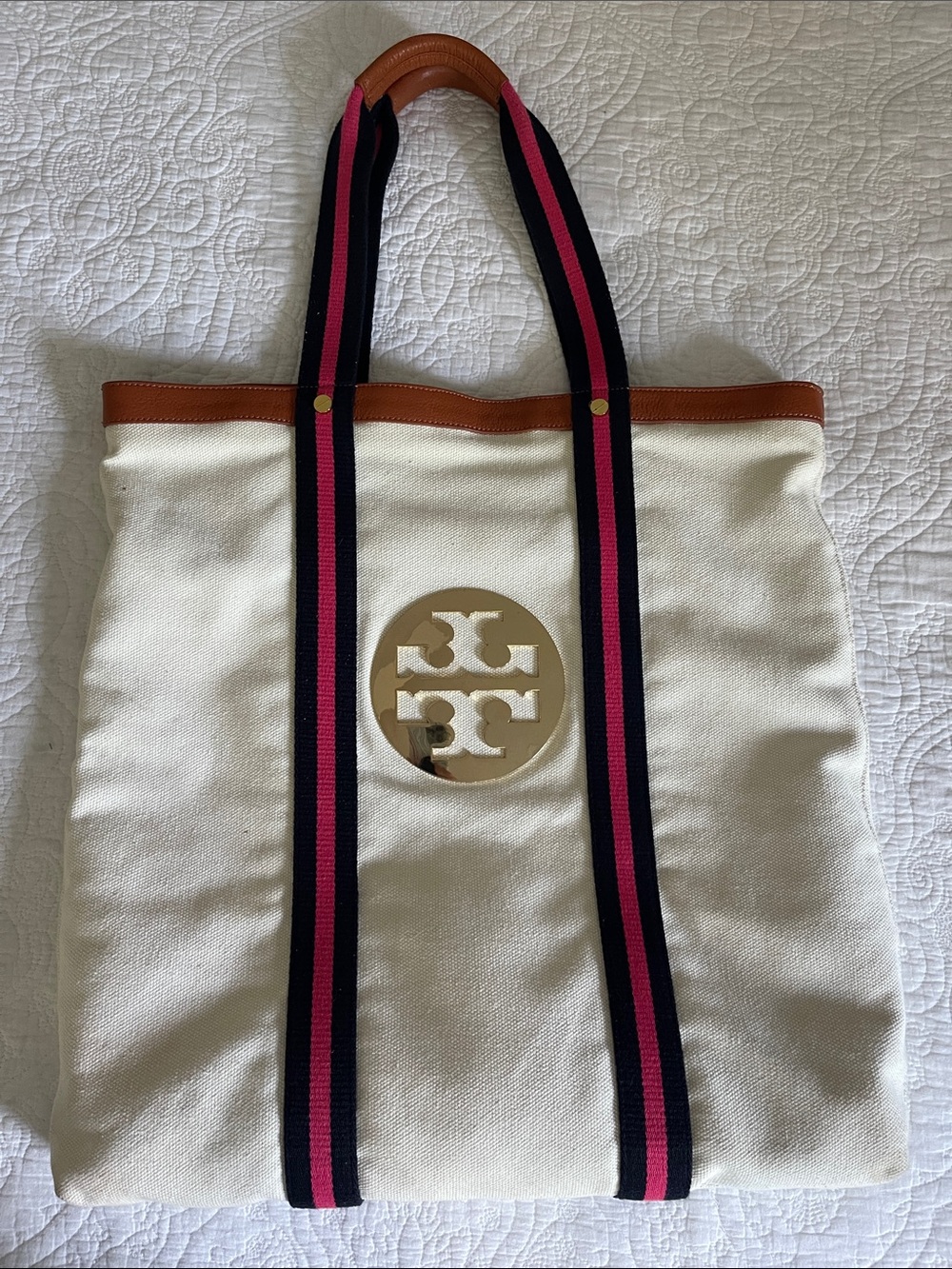 Tory Burch Cream Canvas Tote with Pink & Navy Straps